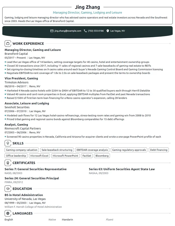 Investment Banking Managing Director resume example
