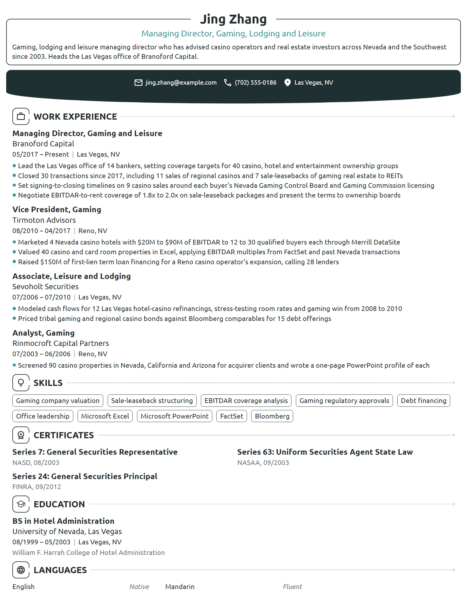 Investment Banking Managing Director resume example