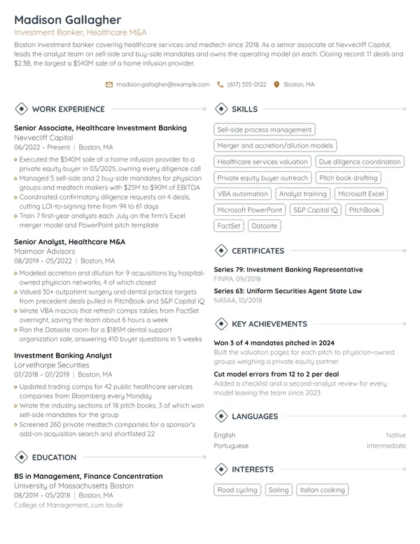 Investment Banking resume example