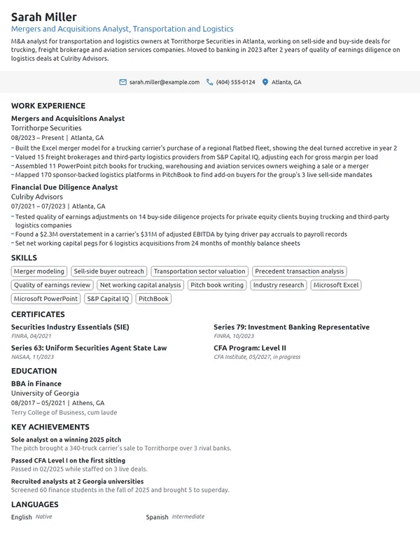 Mergers and Acquisitions Analyst resume example
