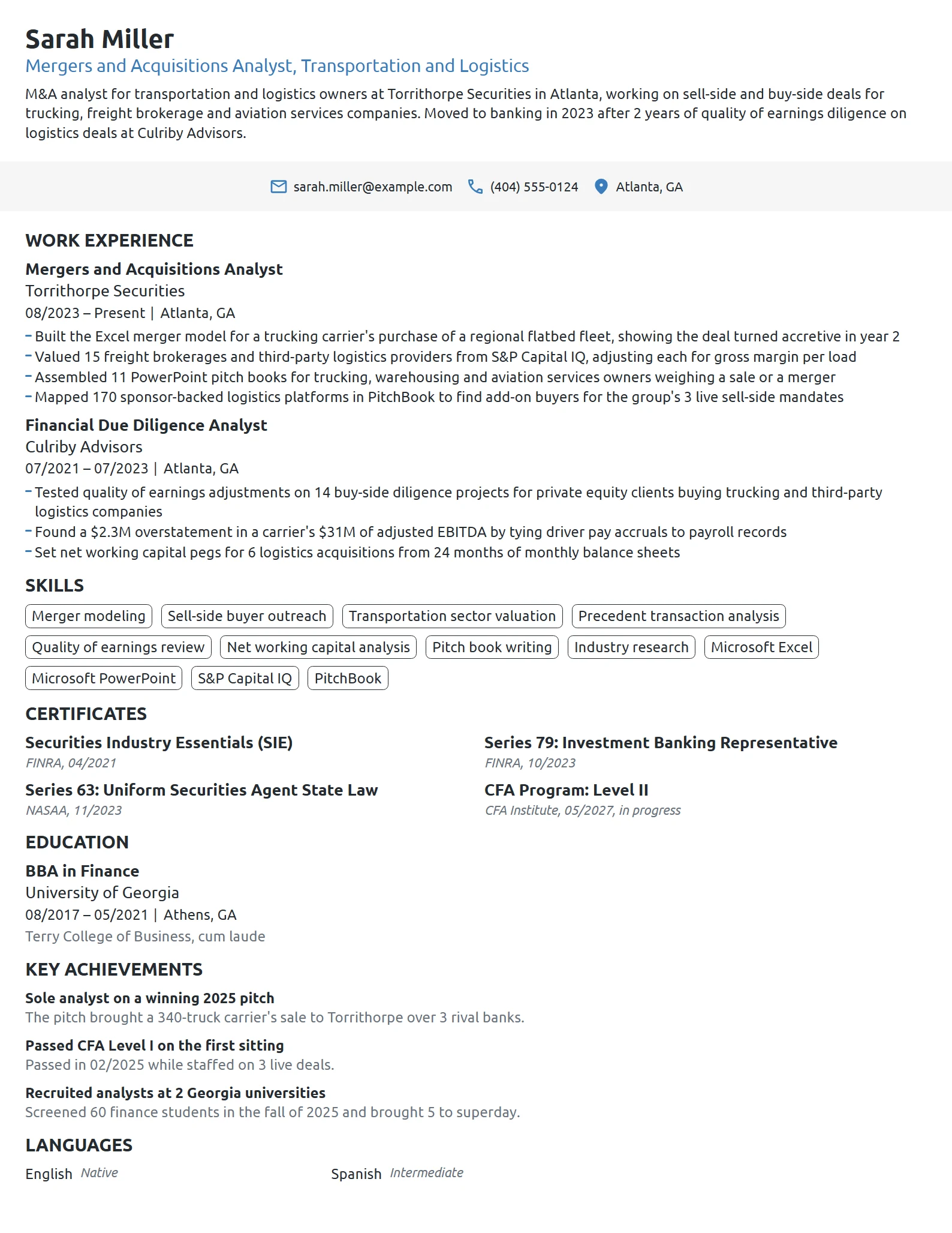 Mergers and Acquisitions Analyst resume example