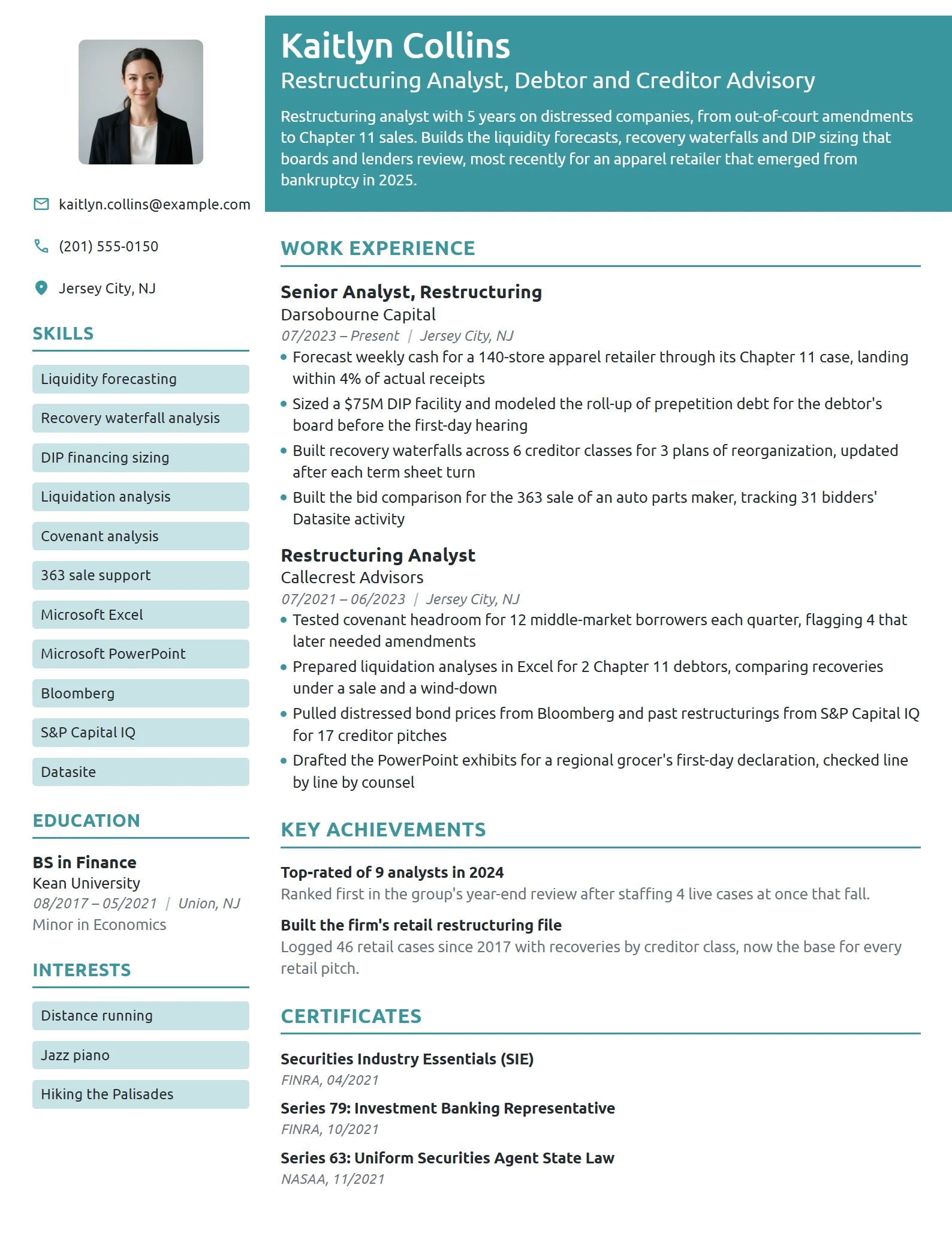 Restructuring Analyst resume example