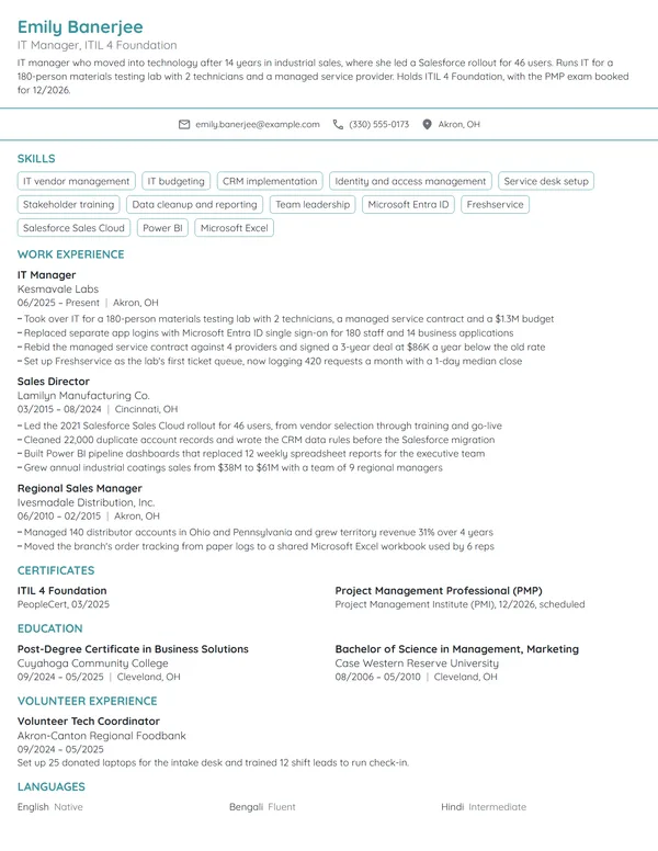 Career Change IT Manager resume example