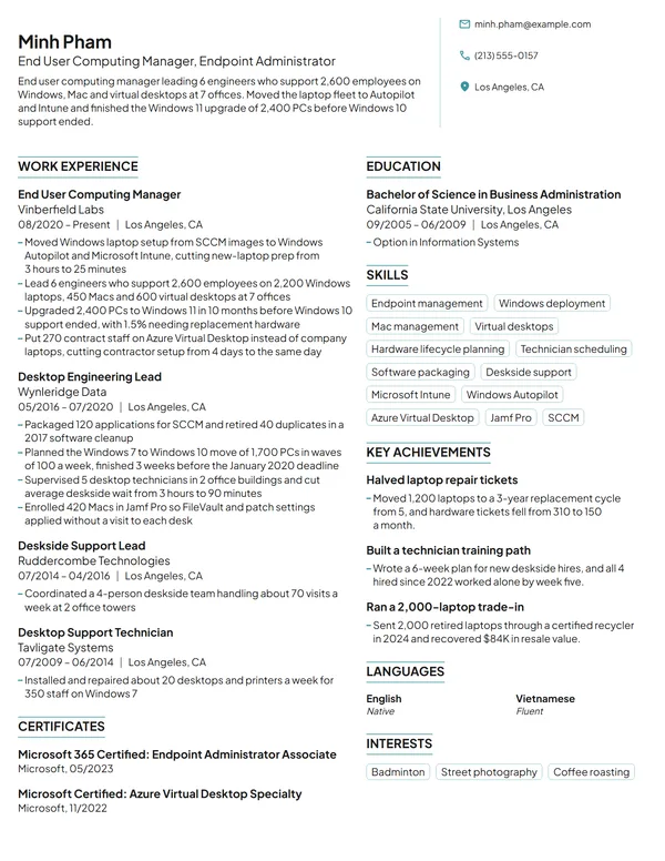 End User Computing Manager resume example
