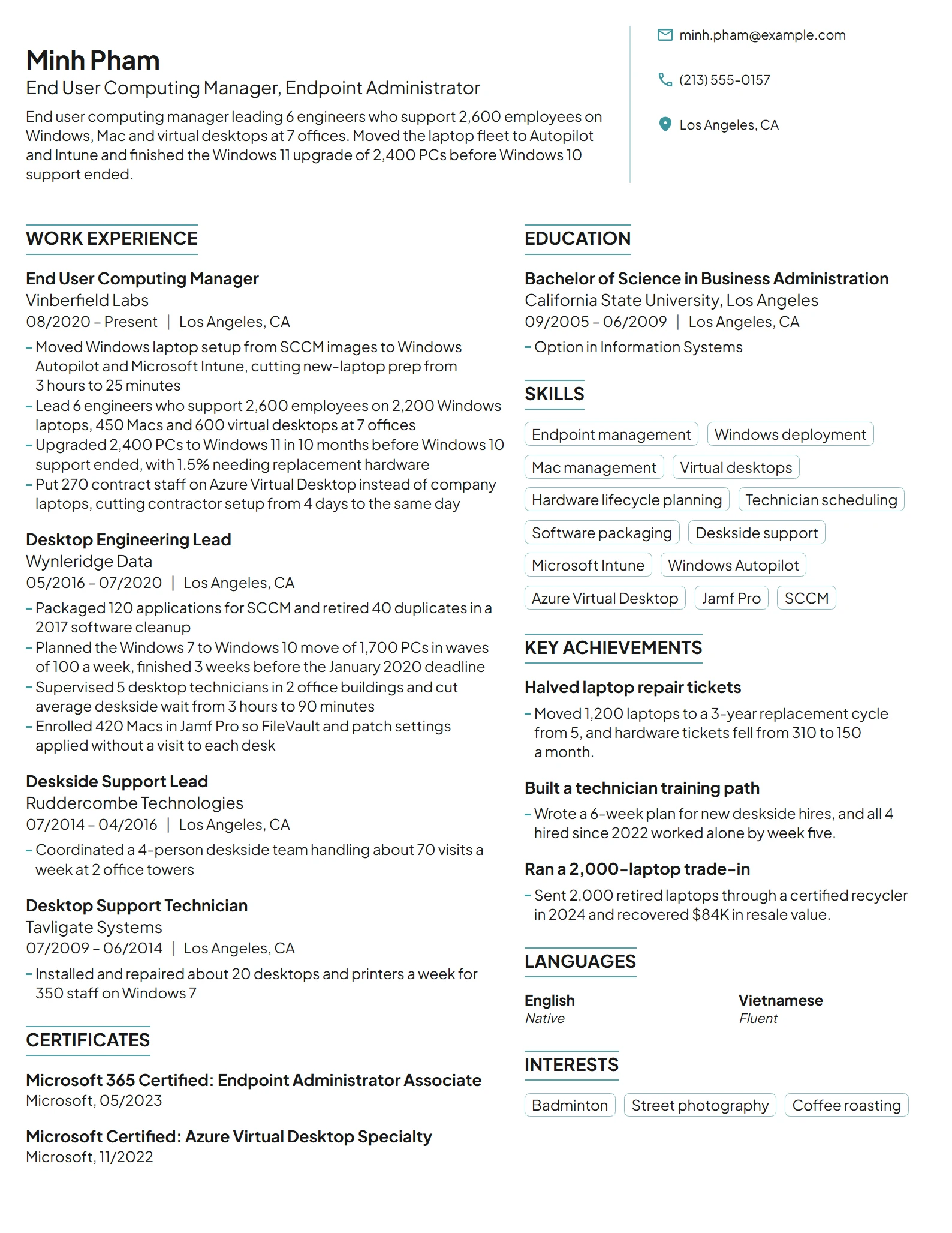 End User Computing Manager resume example