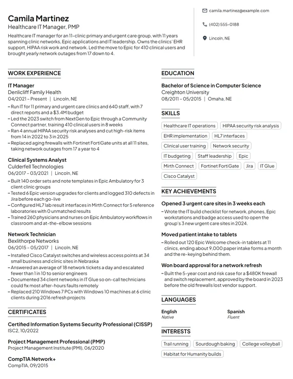 Healthcare IT Manager resume example