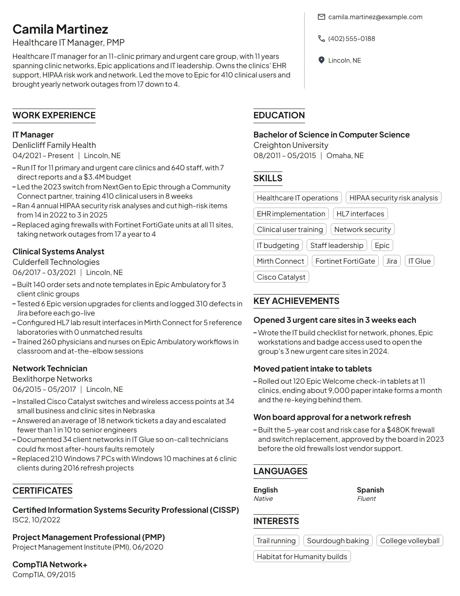 Healthcare IT Manager resume example