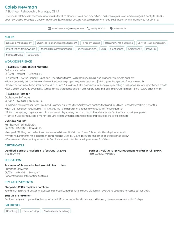 IT Business Relationship Manager resume example