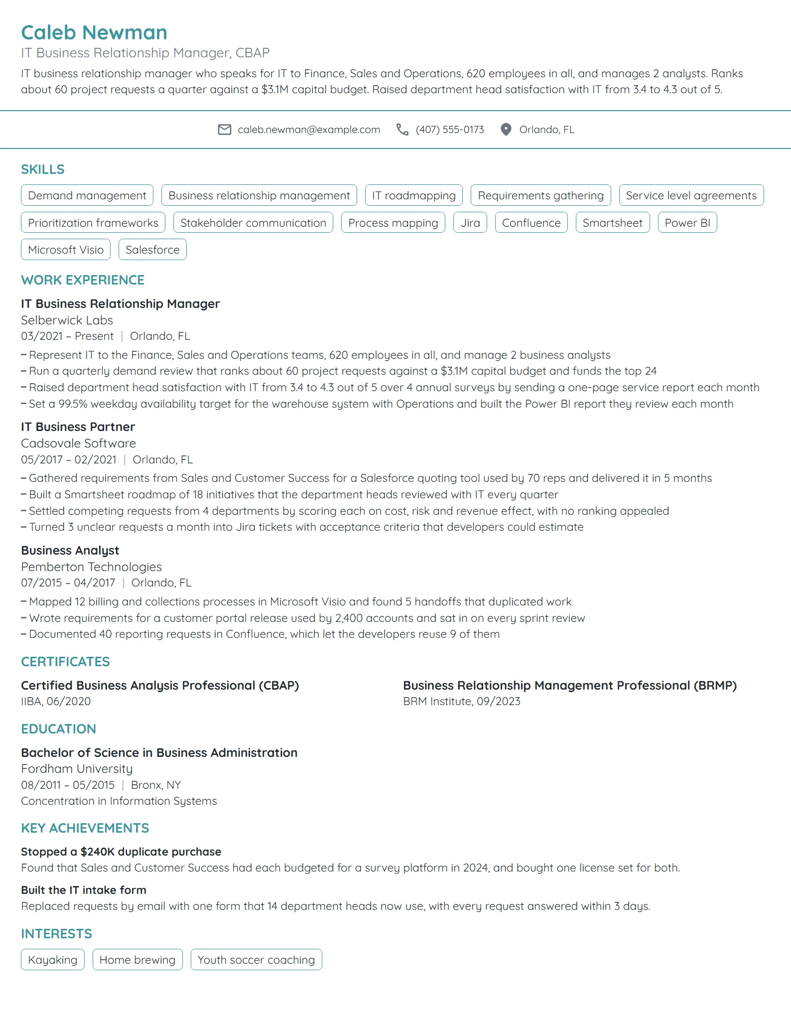 IT Business Relationship Manager resume example