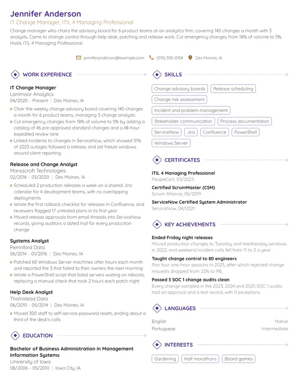 IT Change Manager resume example