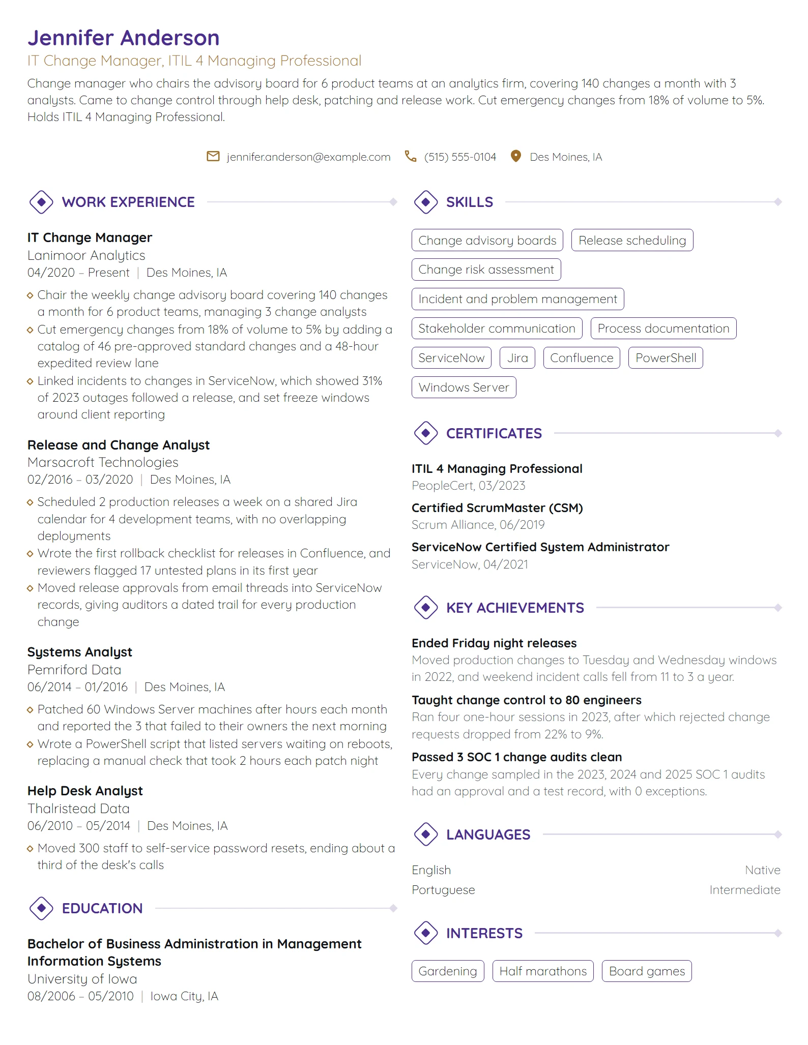 IT Change Manager resume example