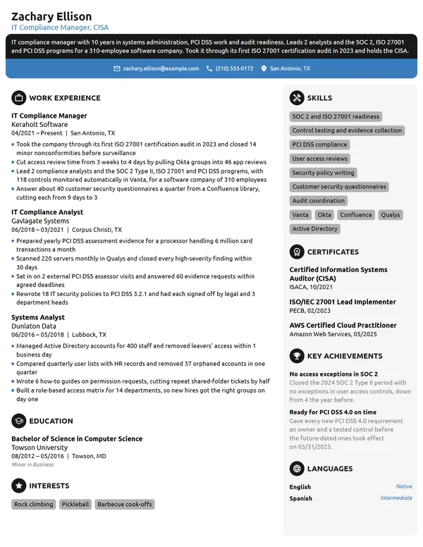 IT Compliance Manager resume example