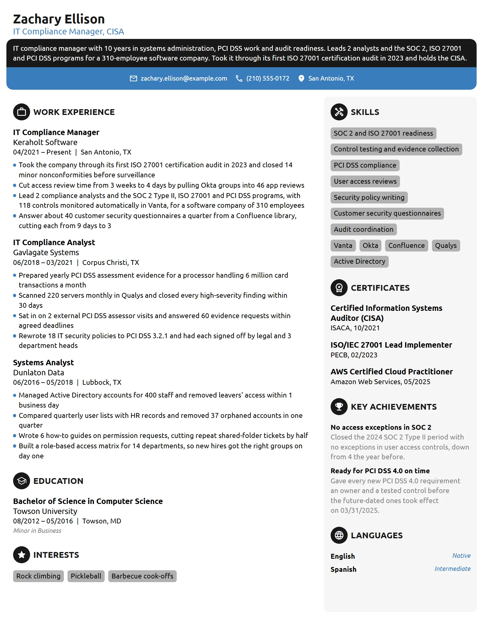 IT Compliance Manager resume example
