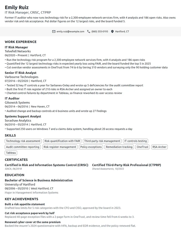 IT Risk Manager resume example