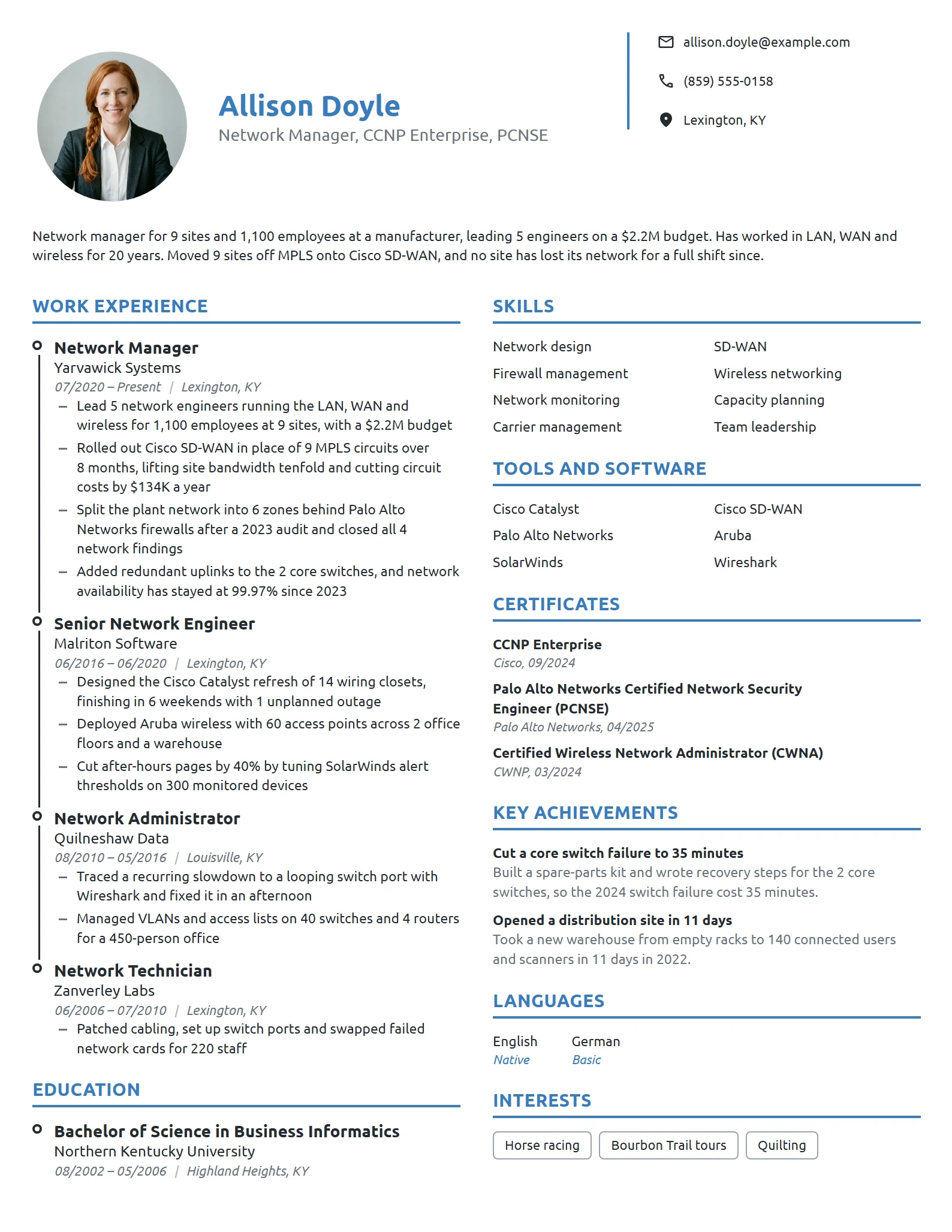 Network Manager resume example