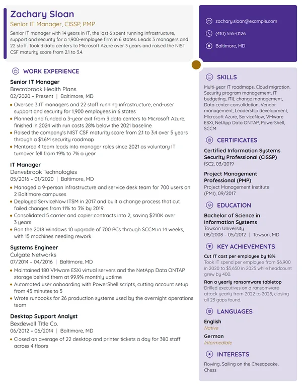 Senior IT Manager resume example