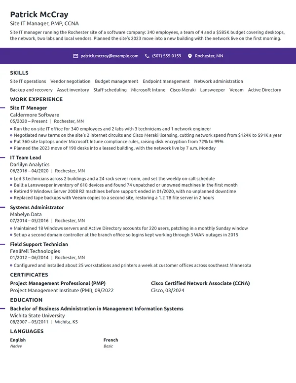 Site IT Manager resume example