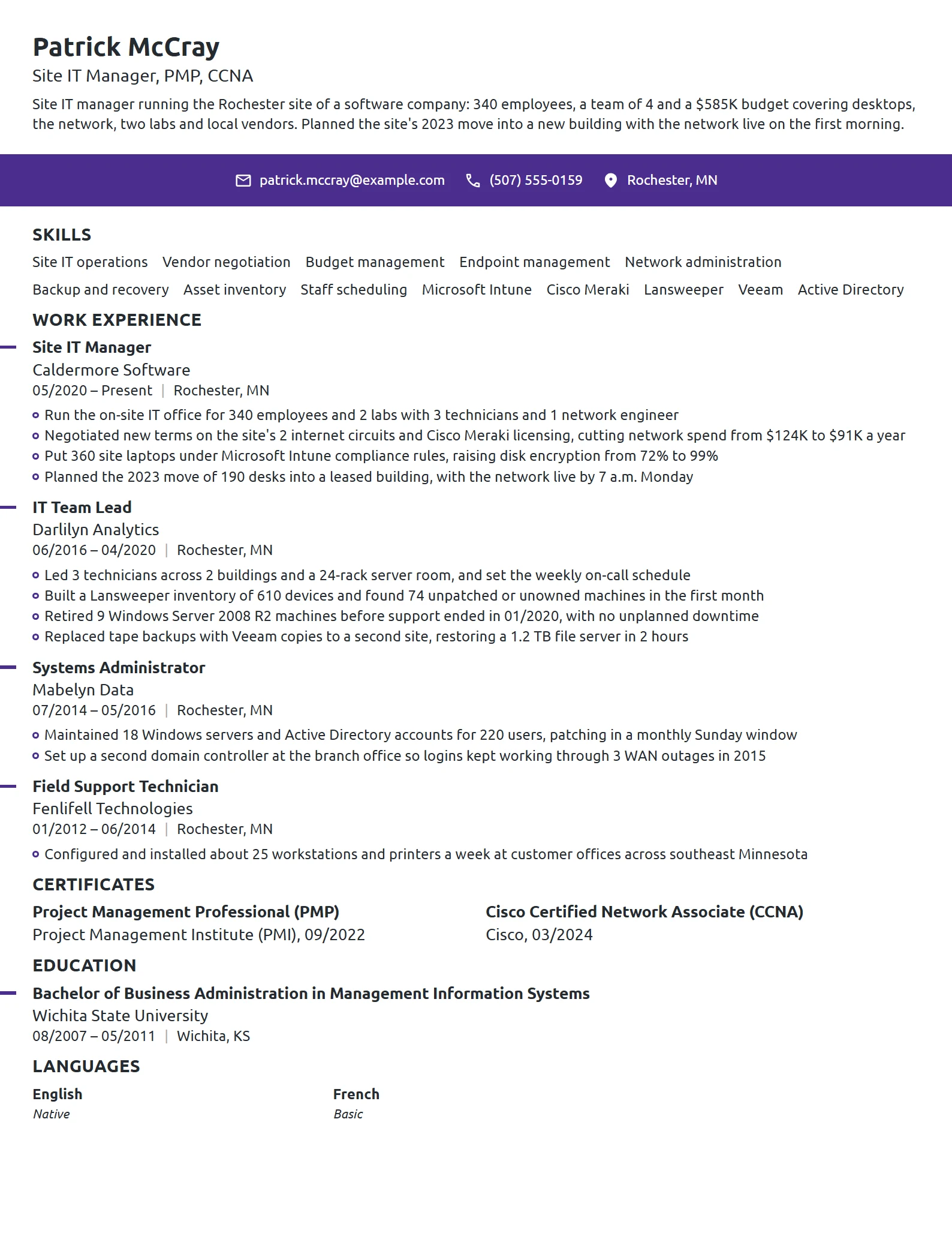 Site IT Manager resume example