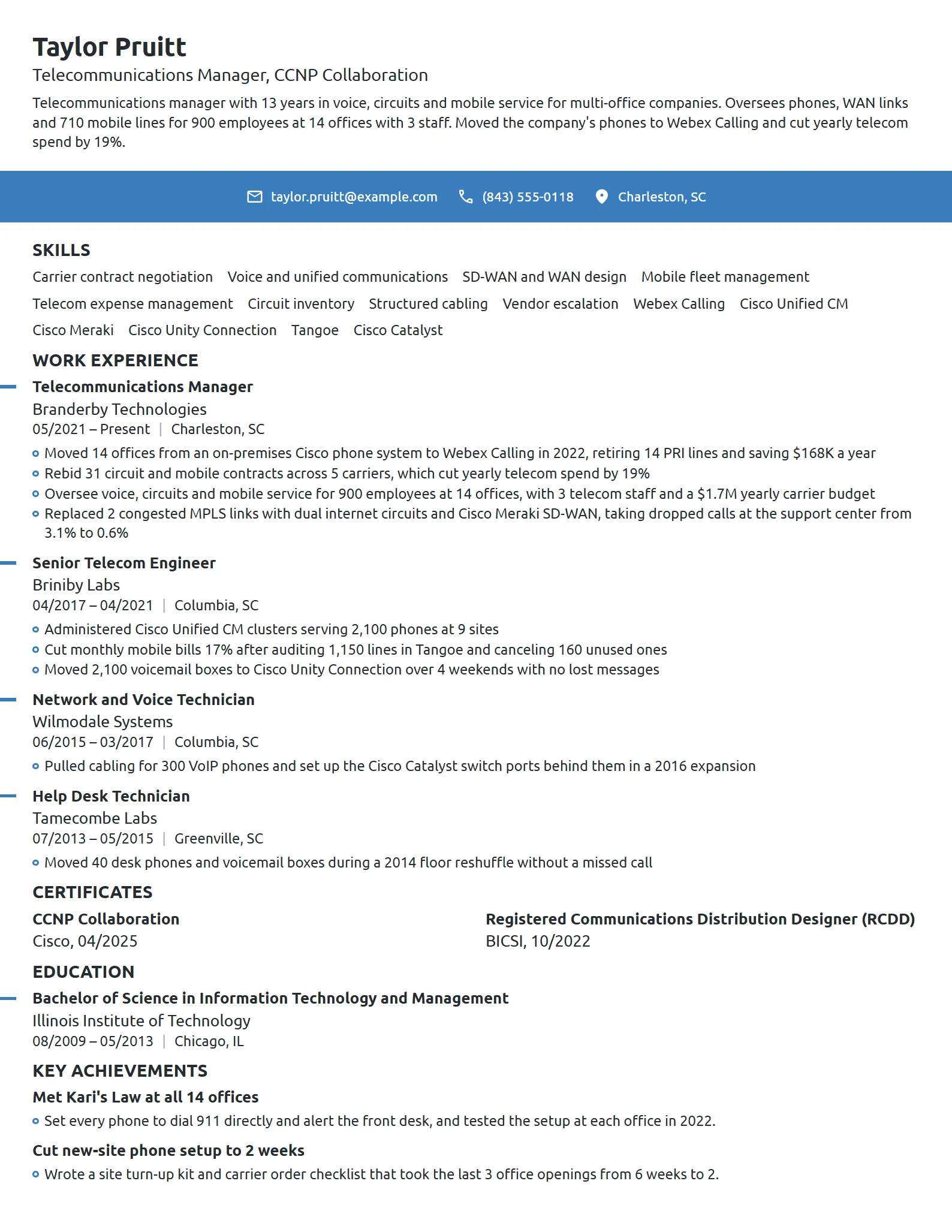 Telecommunications Manager resume example