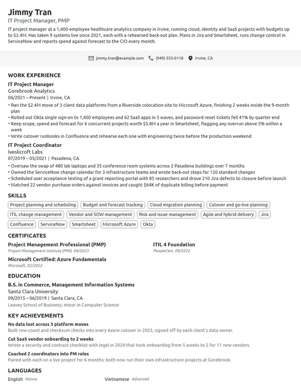 IT Project Manager resume example