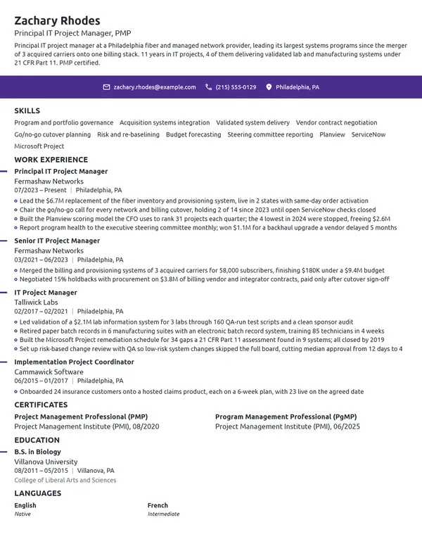 Principal IT Project Manager resume example