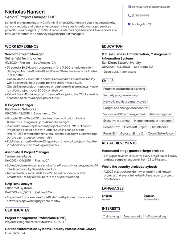 Senior IT Project Manager resume example