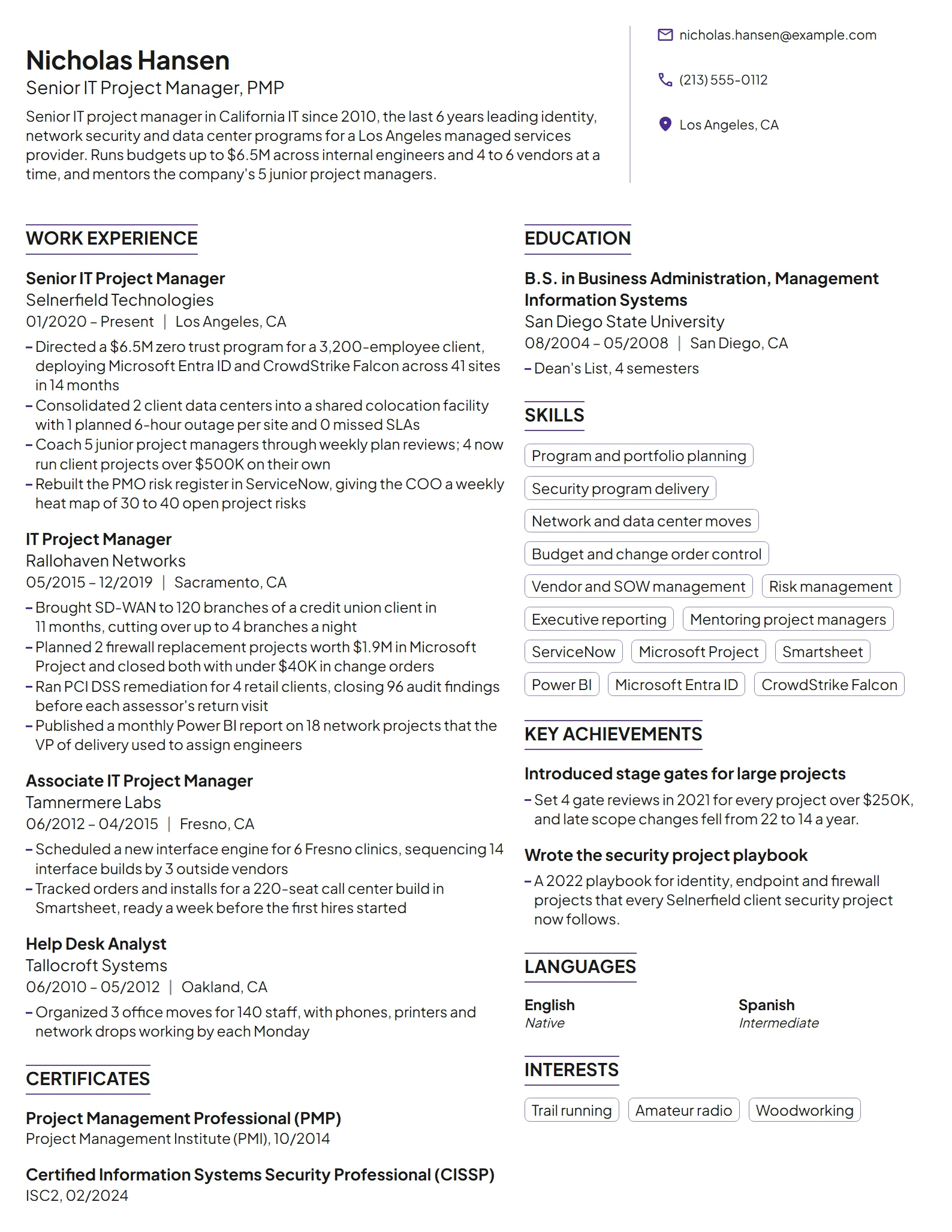 Senior IT Project Manager resume example