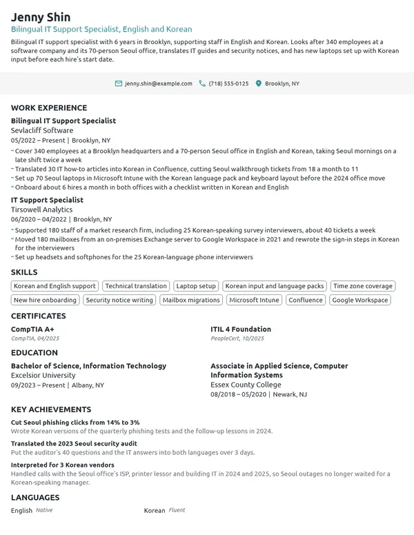 Bilingual IT Support Specialist resume example