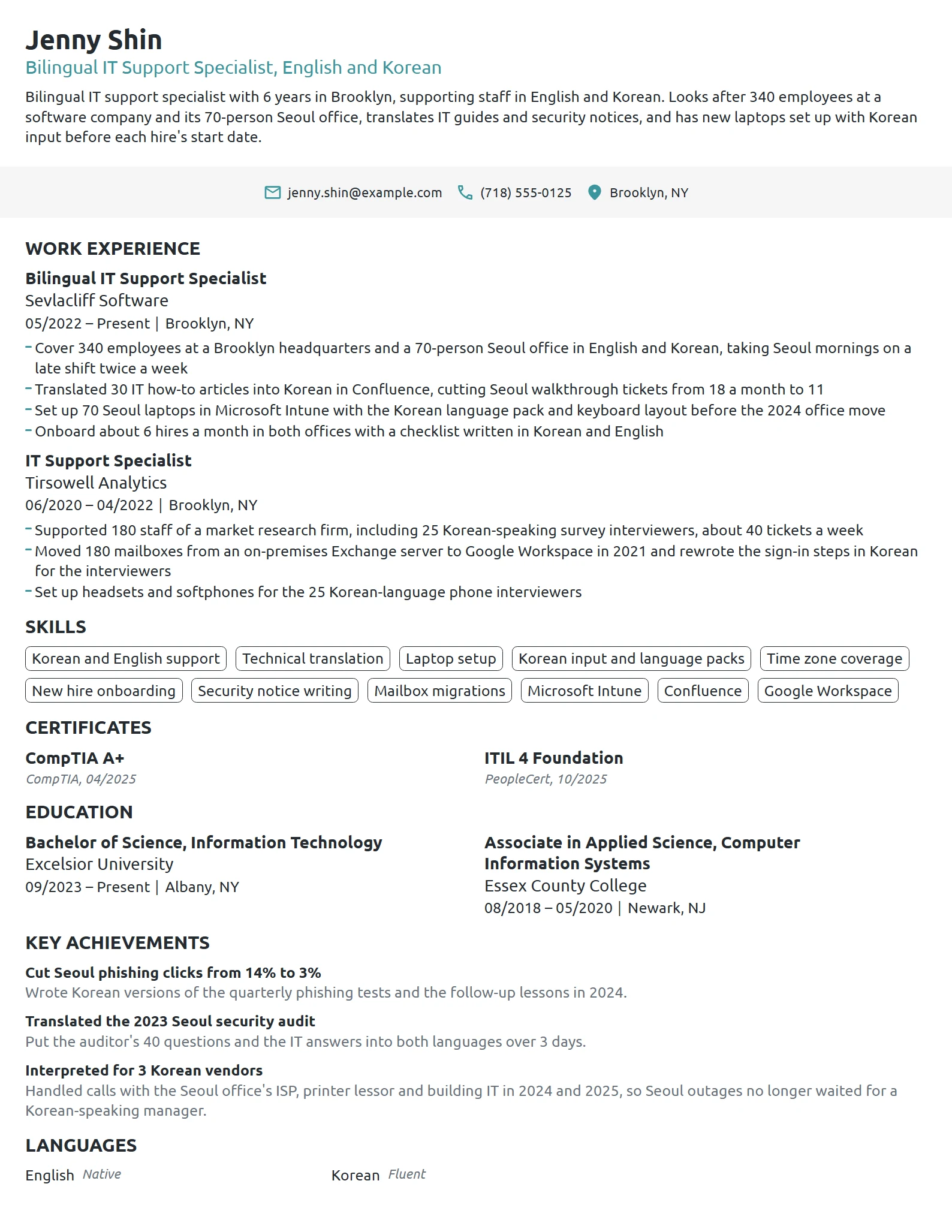 Bilingual IT Support Specialist resume example