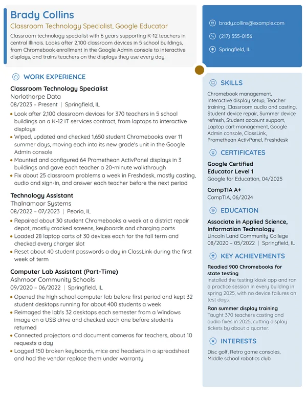 Classroom Technology Specialist resume example