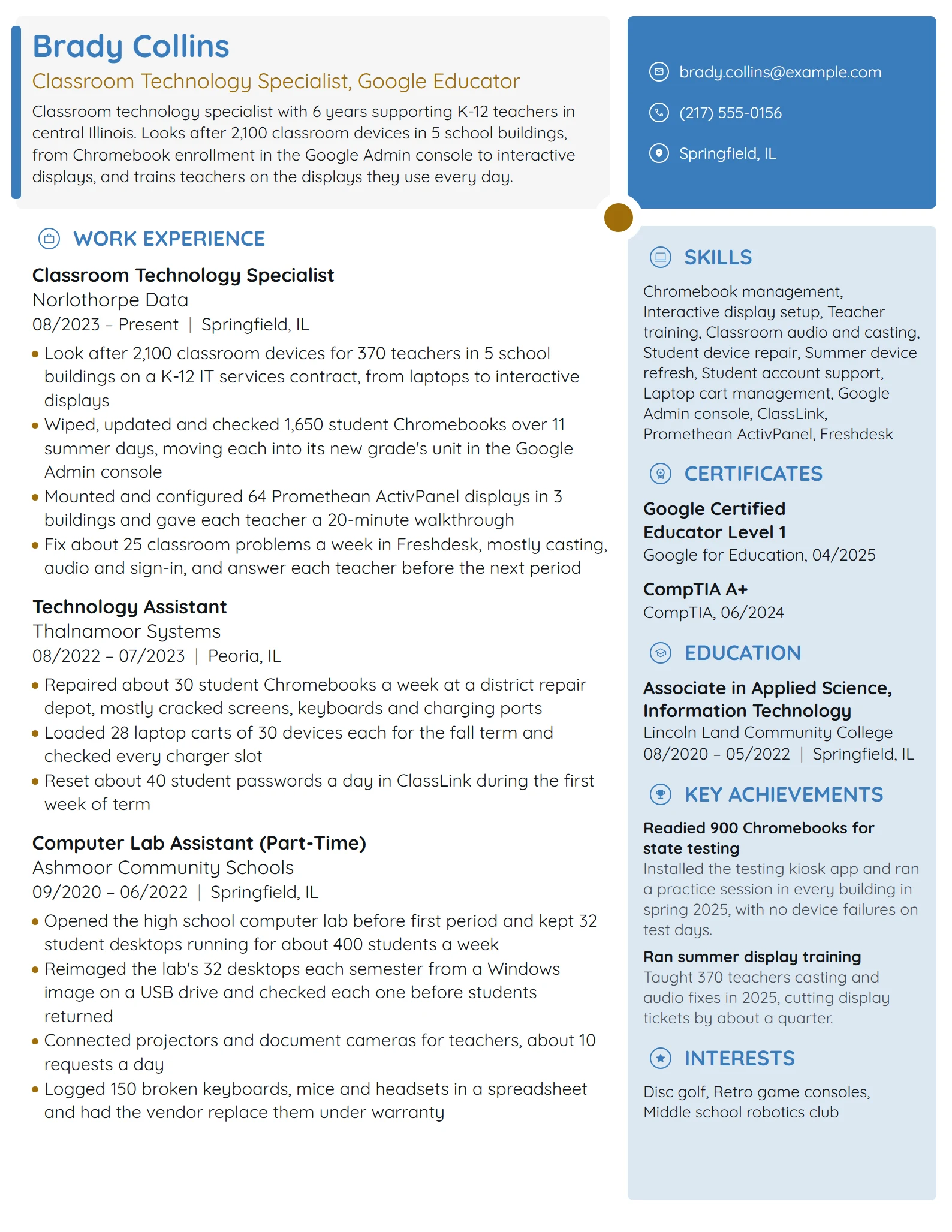 Classroom Technology Specialist resume example