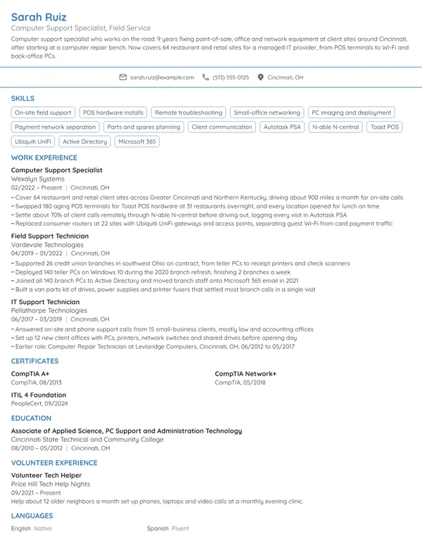 Computer Support Specialist resume example