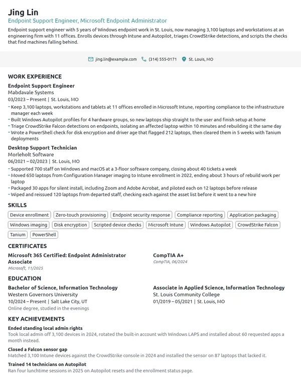 Endpoint Support Engineer resume example