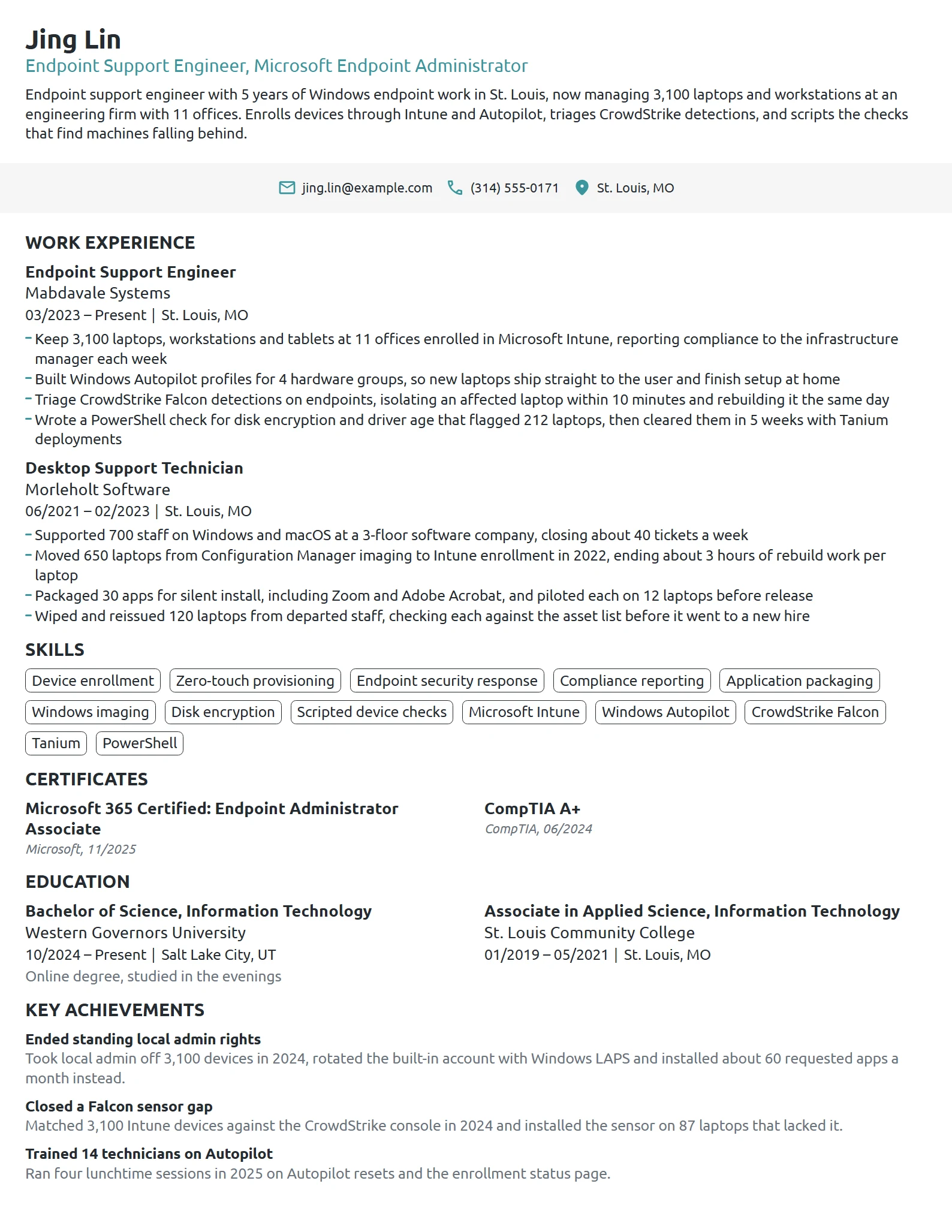 Endpoint Support Engineer resume example