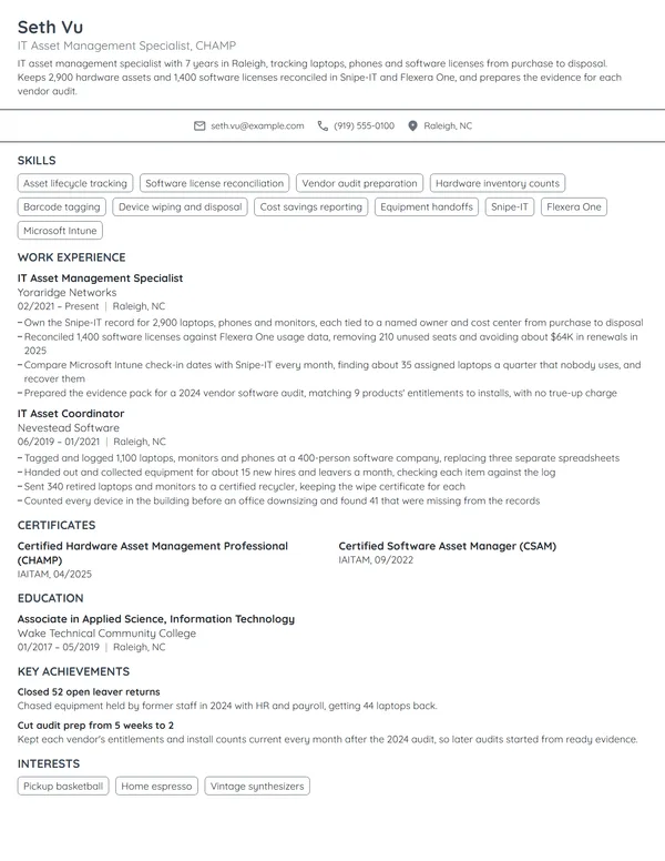 IT Asset Management Specialist resume example