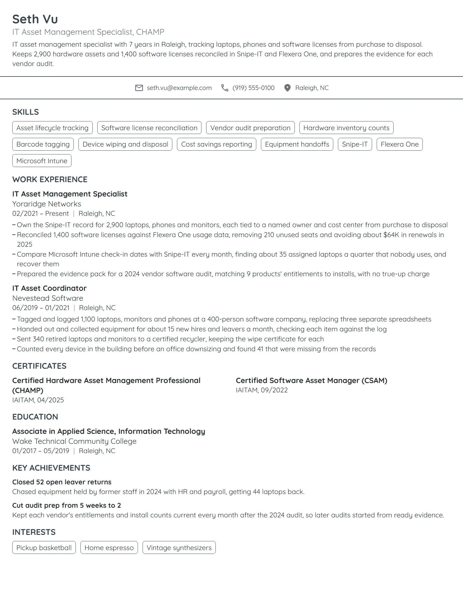 IT Asset Management Specialist resume example