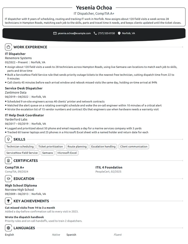 IT Dispatcher resume example