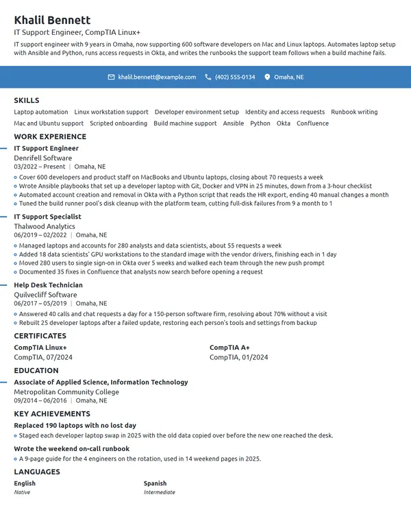 IT Support Engineer resume example