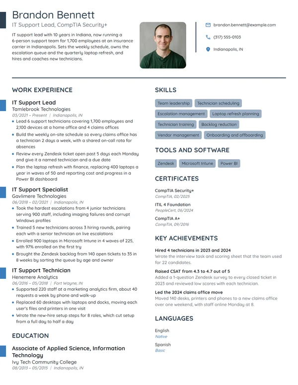 IT Support Lead resume example