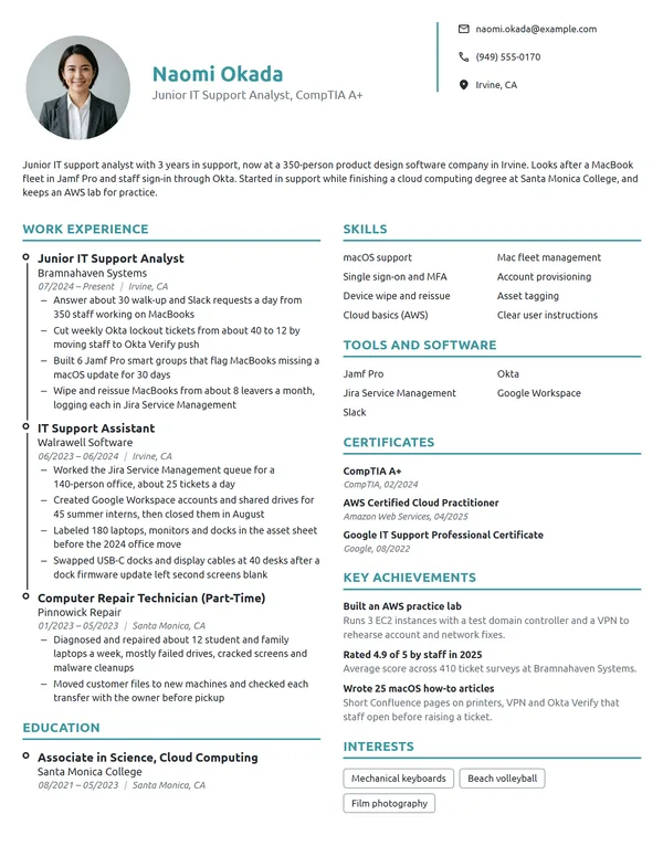 Junior IT Support Analyst resume example