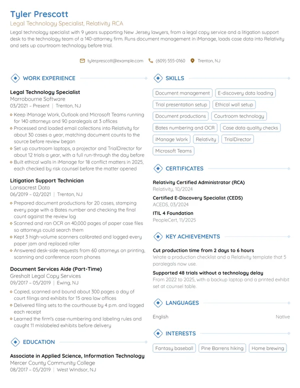 Legal Technology Specialist resume example