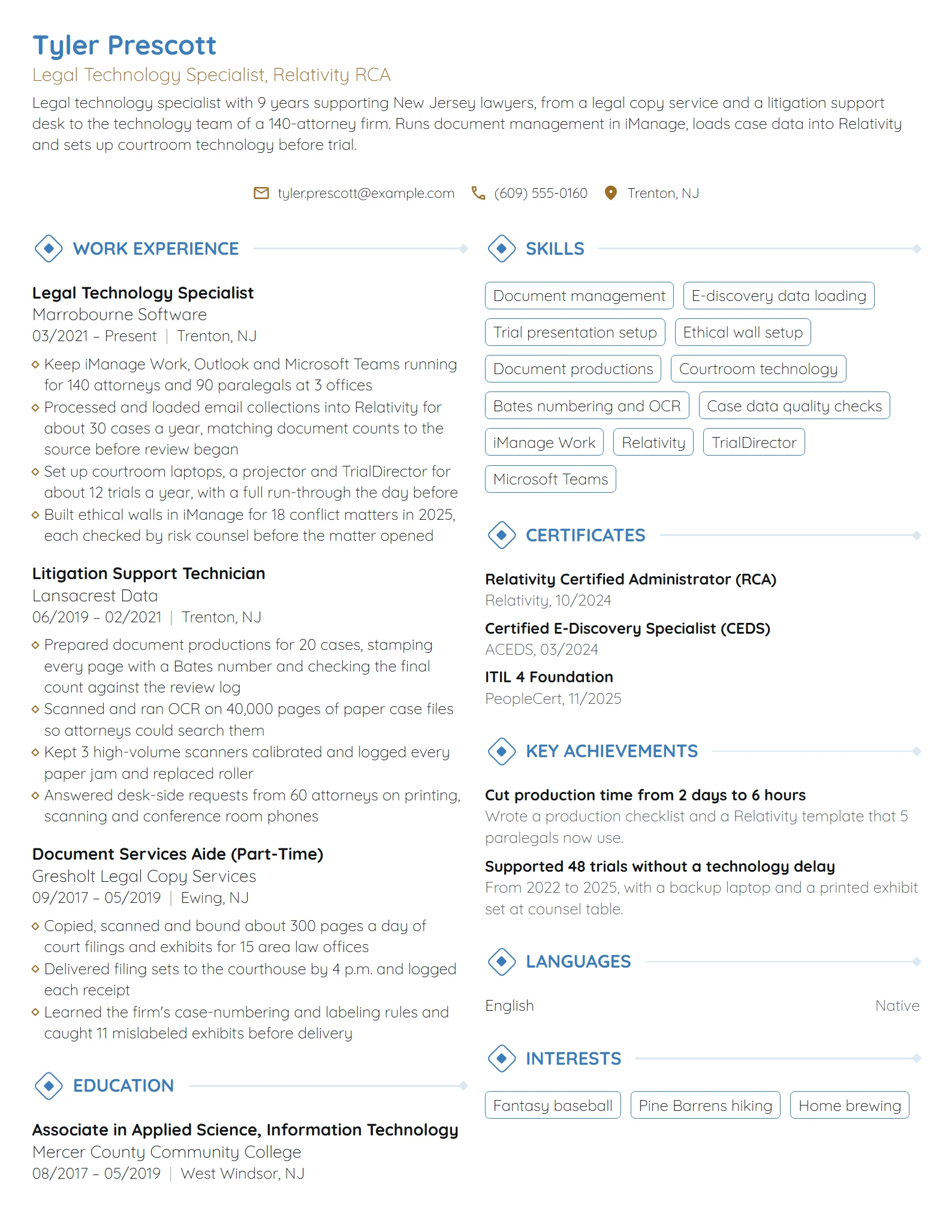 Legal Technology Specialist resume example