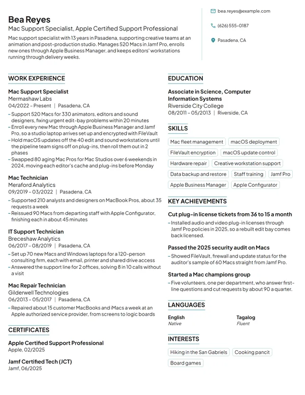Mac Support Specialist resume example