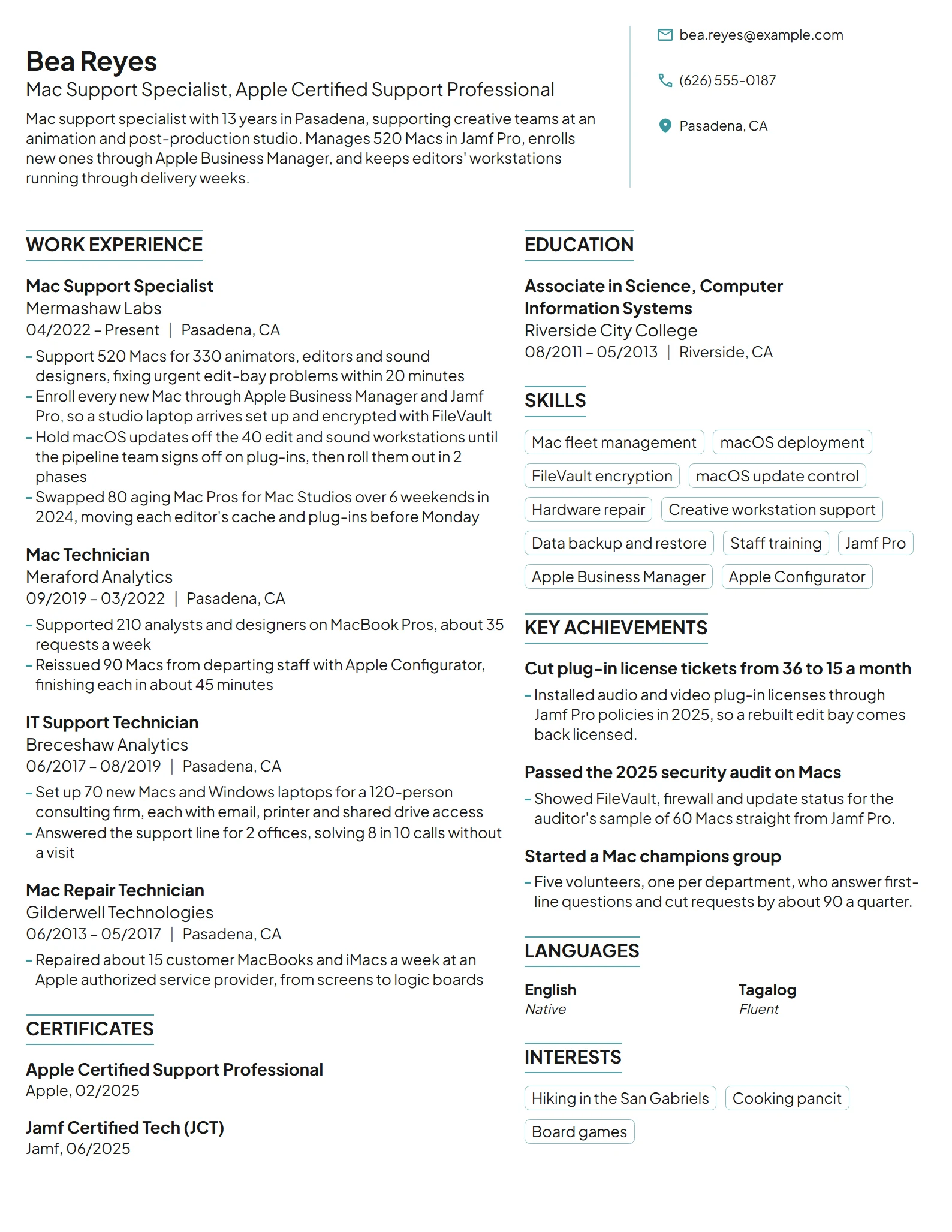 Mac Support Specialist resume example