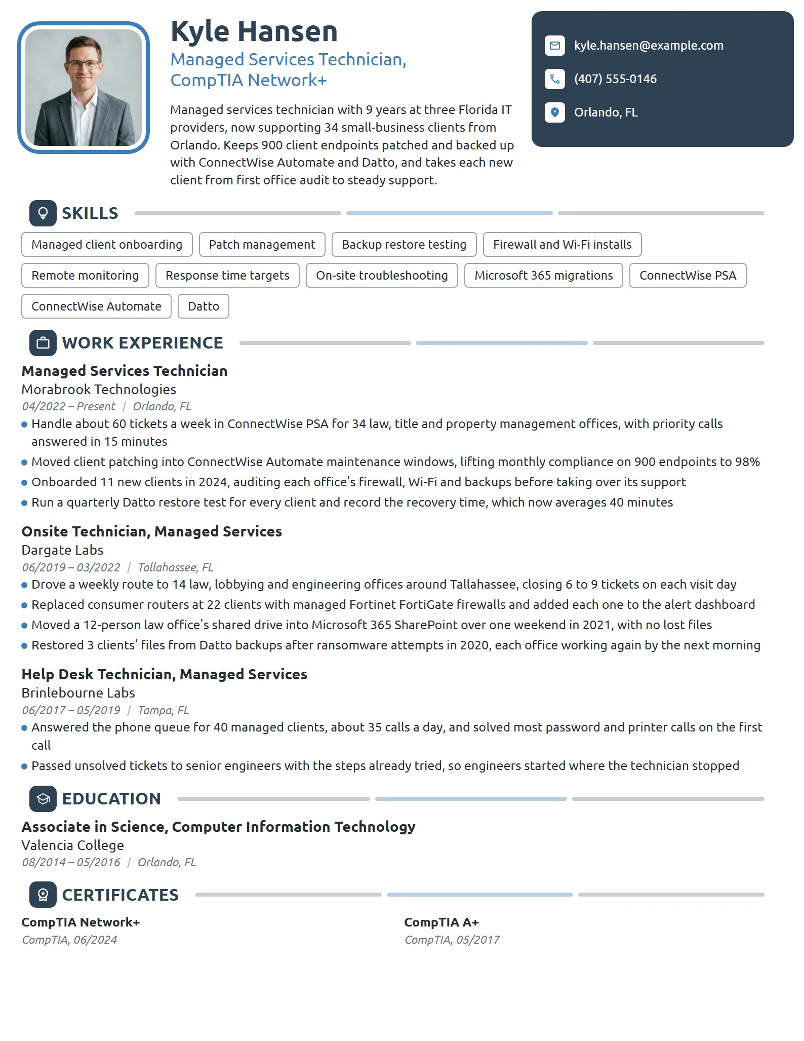 Managed Services Technician resume example