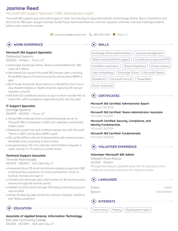 Microsoft 365 Support Specialist resume example