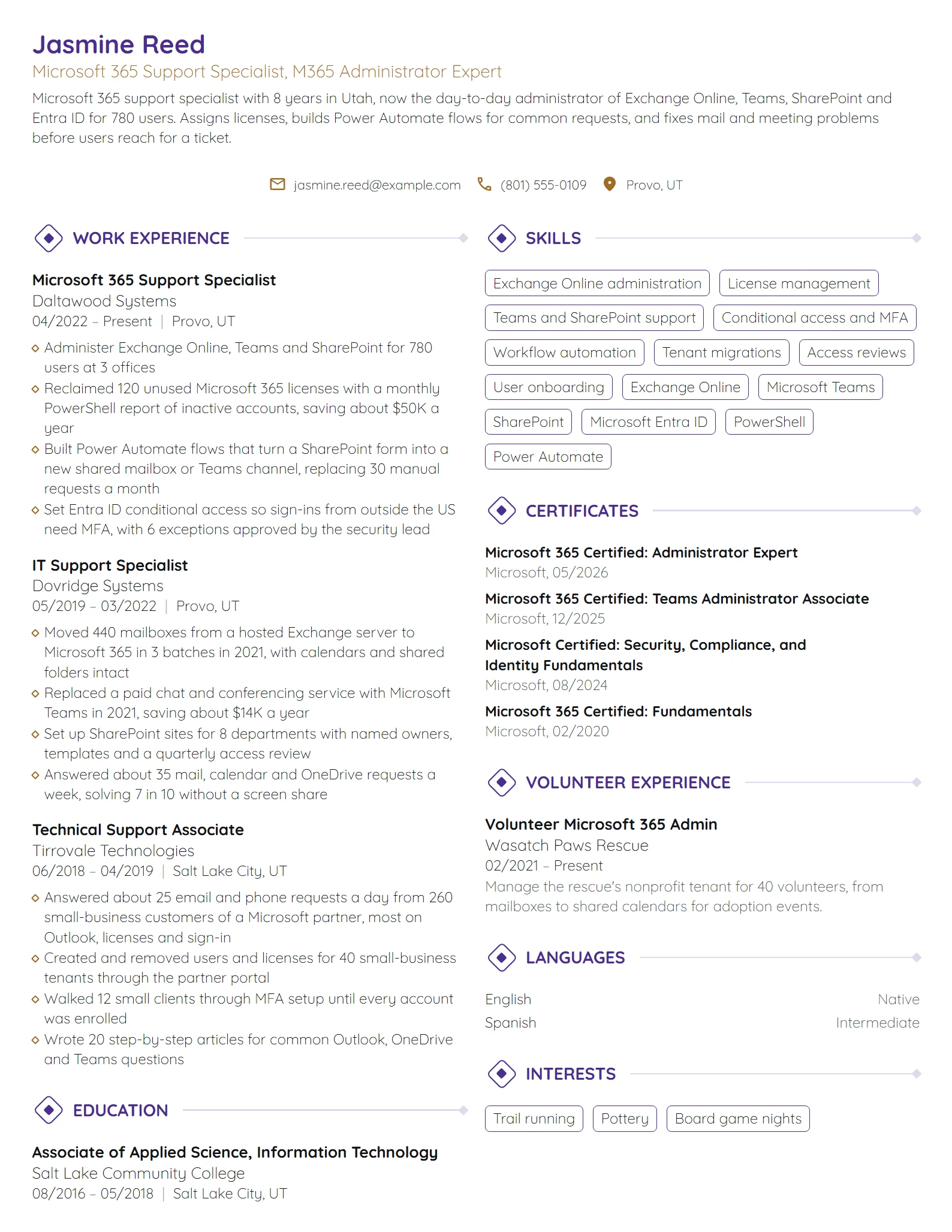 Microsoft 365 Support Specialist resume example