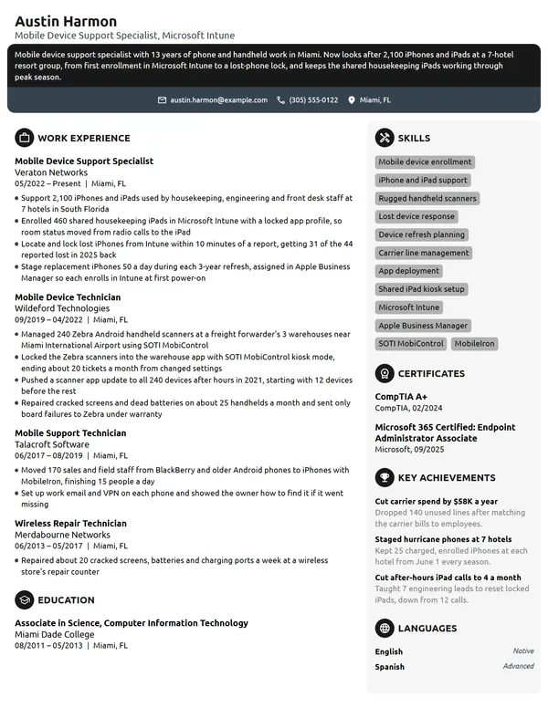 Mobile Device Support Specialist resume example