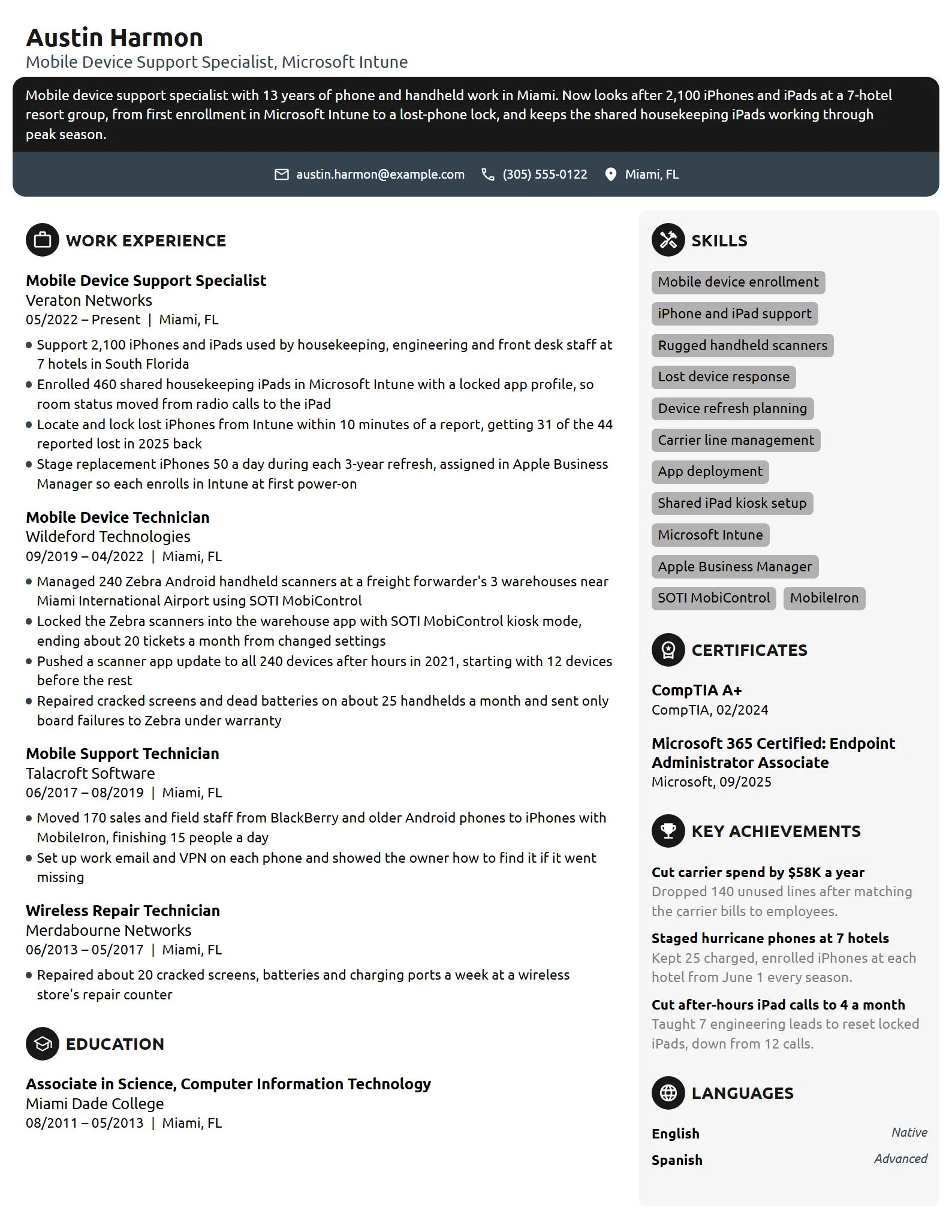 Mobile Device Support Specialist resume example