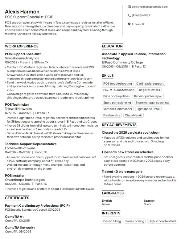 POS Support Specialist resume example